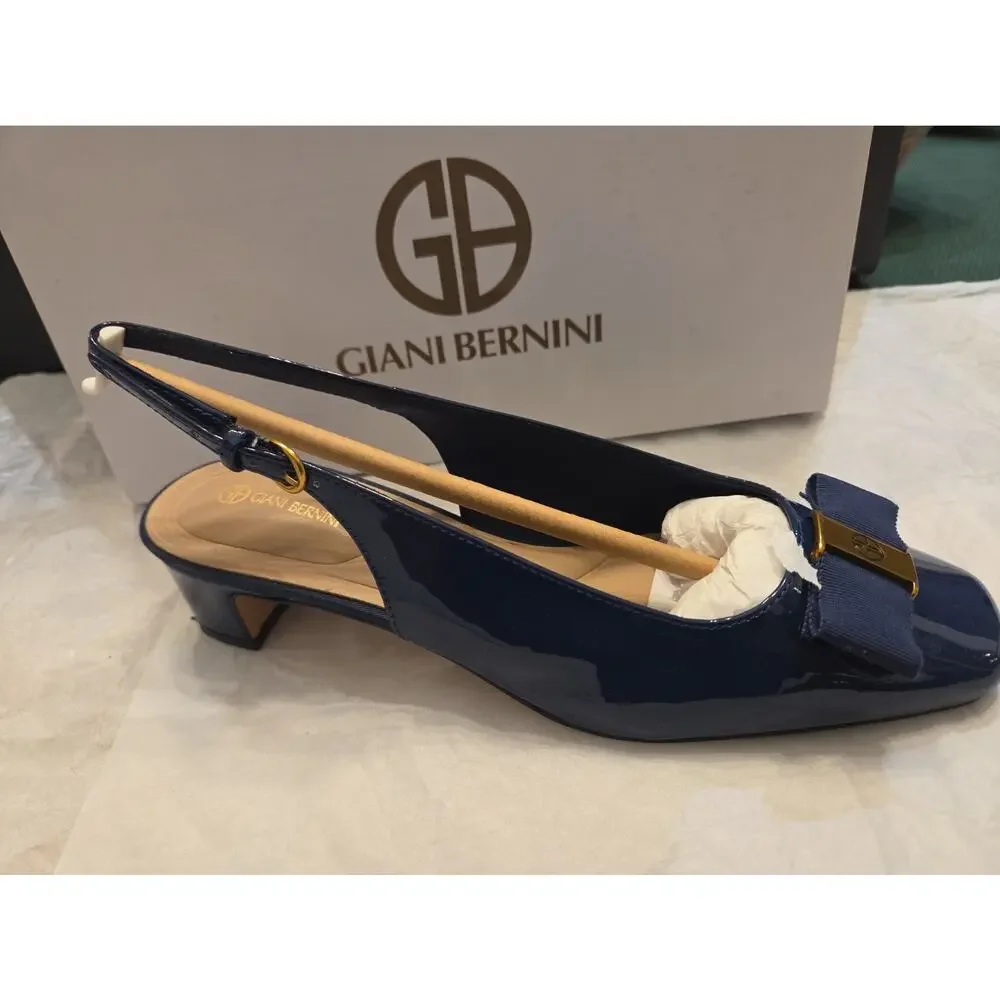 Women's Giani Bernini Battah Block Heel Slingback Pumps Navy Patent Us 6.5